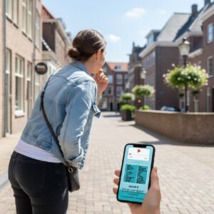 A woman stands on a historic street in Amersfoort, playing a city game on a smartphone.