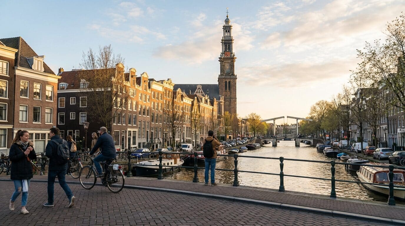 People walking and cycling along a canal in Amsterdam with the historic Westerkerk church tower in the background.
