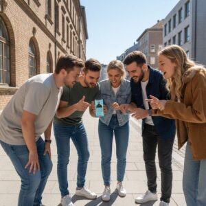 A group of five friends laughs together while playing a city game on a smartphone in Harderwijk.