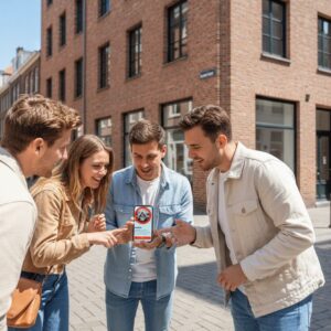 A group of four young friends stand together on a street in Arnhem, looking at a smartphone.
