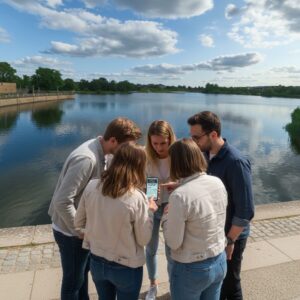 A group of five friends stand by the Pfaffenteich in Schwerin, looking at a smartphone together.