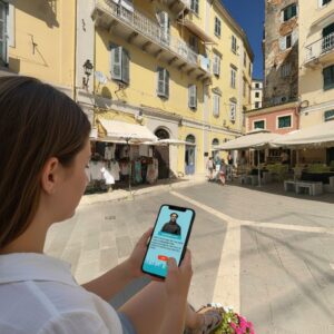 A young woman looks at her smartphone while playing a city exploration game in Corfu.