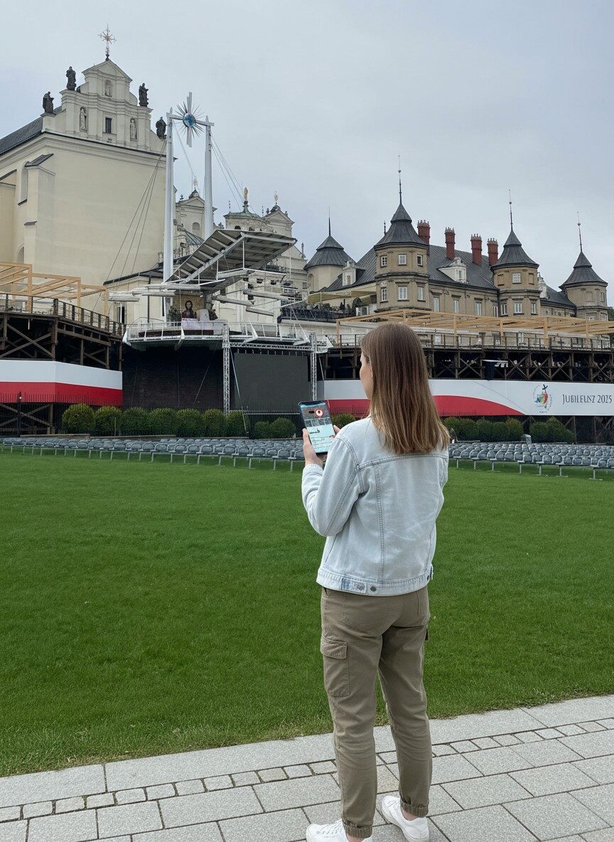 A woman stands before a large outdoor stage set up at the Jasna Góra Monastery in Czestochowa.