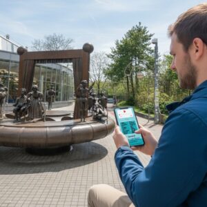 A man plays a city game on his phone in front of the Bürgerstolz Fountain on Ludwigsplatz in Darmstadt.