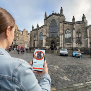 A woman plays a city exploration game on her phone in front of St. Giles' Cathedral in Edinburgh.