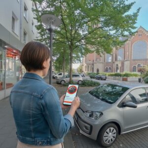A woman playing a city game on her phone in Essen, with the historic Erlöserkirche church in the background.