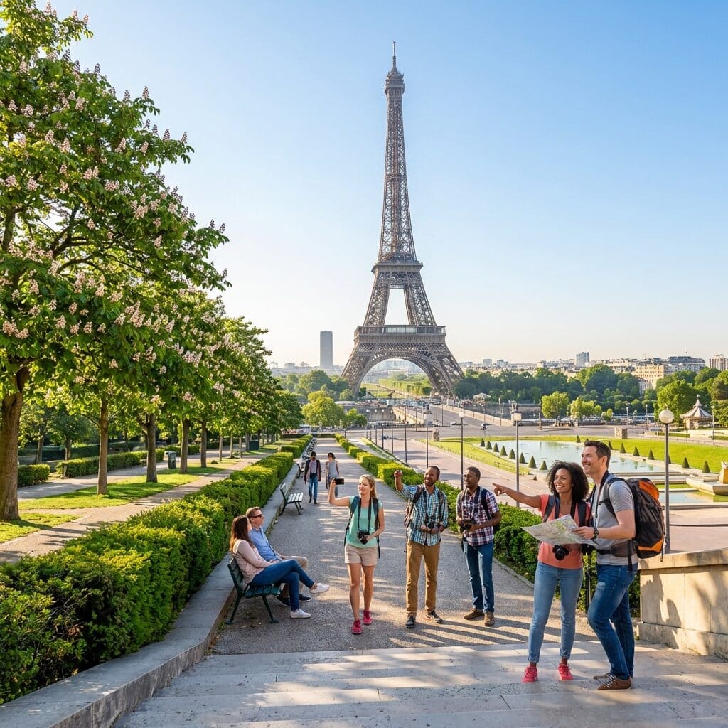 Tourists at the Eiffel Tower in Paris