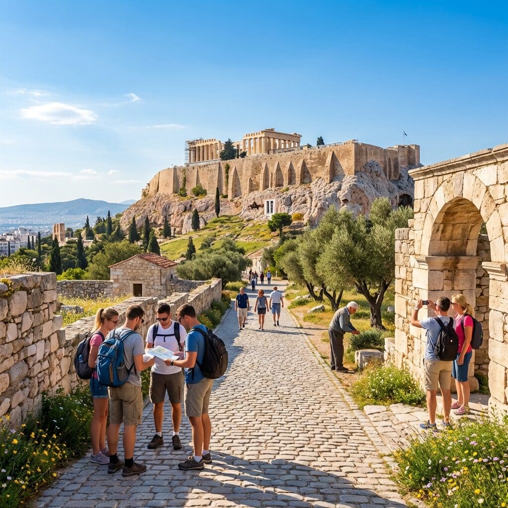 Tourists on the Path to the Acropolis in Athens