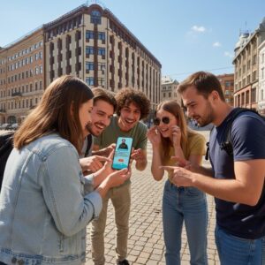 A group of five smiling friends gathers around a smartphone while playing a city game in Riga.