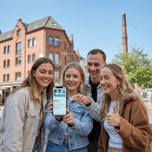 A group of four smiling friends look at a smartphone while playing a city game in Antwerp.
