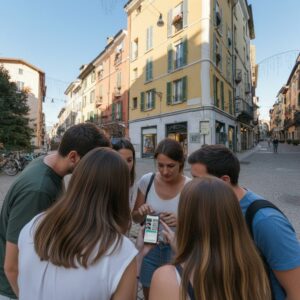 A group of young friends stand in a circle on a street in Brescia, looking together at a smartphone.