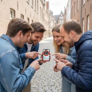 A group of four smiling friends stand on a cobblestone street in Deventer, pointing at a smartphone.
