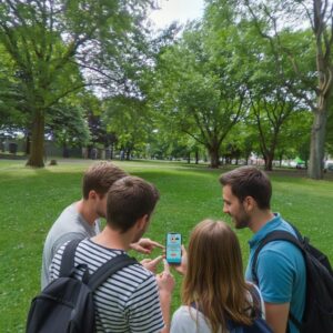 A group of four young friends gathered around a smartphone in a lush green park in Duisburg.