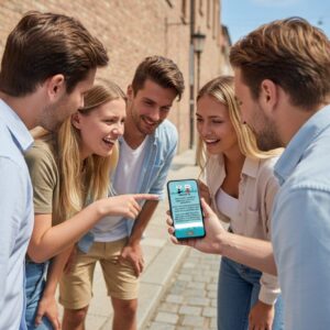 A group of five young friends happily gathered around a smartphone playing a city game in Eindhoven.
