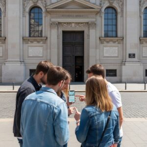 Five young friends gather around a smartphone while playing a city game in front of ELTE University in Budapest.
