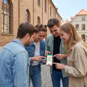 Four young friends gathered on a cobblestone street in Gothenburg, smiling and pointing at a smartphone.