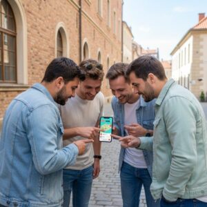 Four young men smiling and pointing at a smartphone while playing a city game in Groningen.