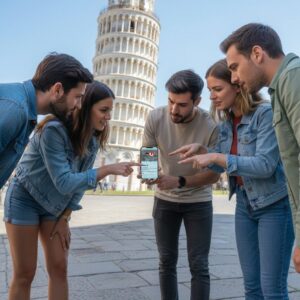 A group of five friends looks at a smartphone together in front of the Leaning Tower of Pisa.