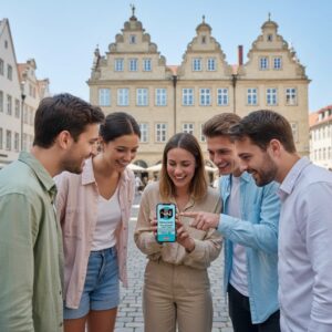 A group of five smiling friends look at a smartphone in the historic Prinzipalmarkt square in Münster.