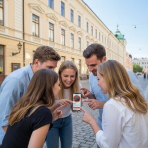 A group of five friends gathered on a cobblestone street in Stockholm, smiling and pointing at a smartphone screen.