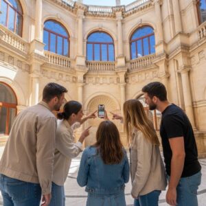 A group of five friends look at a smartphone in the courtyard of the Venetian Loggia in Heraklion.