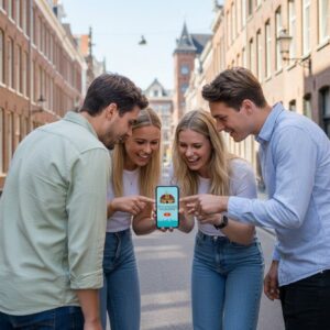 A group of four smiling friends gathered around a smartphone playing a game on a historic street in Venlo.
