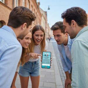 A group of five young friends gather around a smartphone, smiling while playing a city game in Delft.