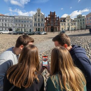 Four young people playing a game on a phone in Wismar's historic market square before the Alter Schwede.