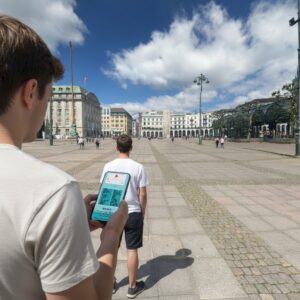 A person holds a phone showing a game while following another person across the Rathausmarkt square in Hamburg.