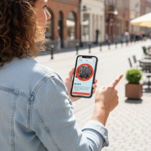 A woman holding a phone with a city game app points down a historic street in Heidelberg.