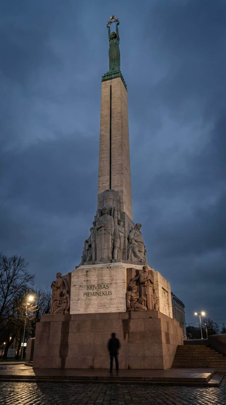 The Freedom Monument in Riga at Dusk