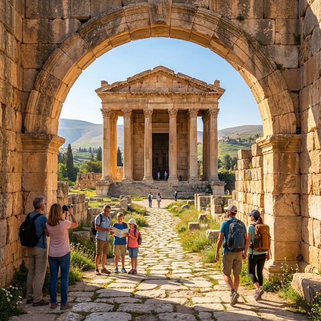 Tourists Exploring Ancient Roman Ruins in Lebanon