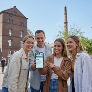 A group of four smiling friends look at a smartphone while playing a city game together in Leeuwarden.