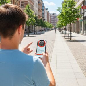 A young man seen from behind uses a smartphone on a sunny pedestrian street in Linköping, Sweden.