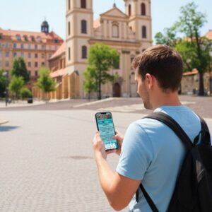 A man with a backpack stands in a large cobblestone square in Leiden, using a smartphone.