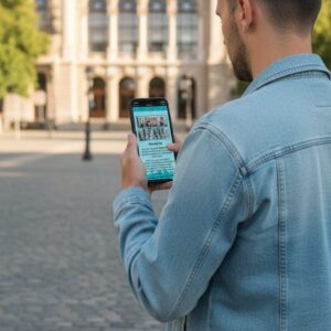 A young man in a denim jacket plays a city game on his phone in a cobblestone square in Rotterdam.