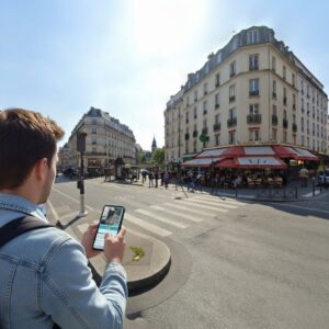 A young man in a denim jacket stands on a sunny street corner in Paris, using a smartphone.