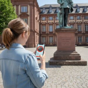 A woman stands in the cobblestone courtyard of the Mannheim Palace in Germany, using an app on her smartphone.