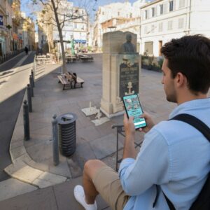 A young man playing a city exploration game on his smartphone in Place de Lenche, Marseille.