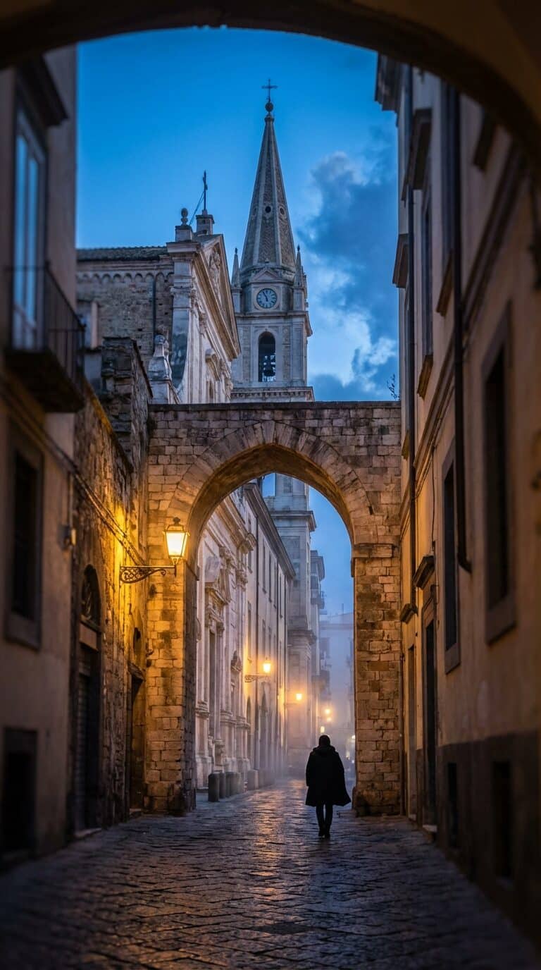 Cobblestone Street in Naples at Dusk
