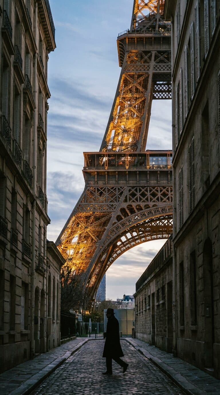 Eiffel Tower from a Cobblestone Street in Paris