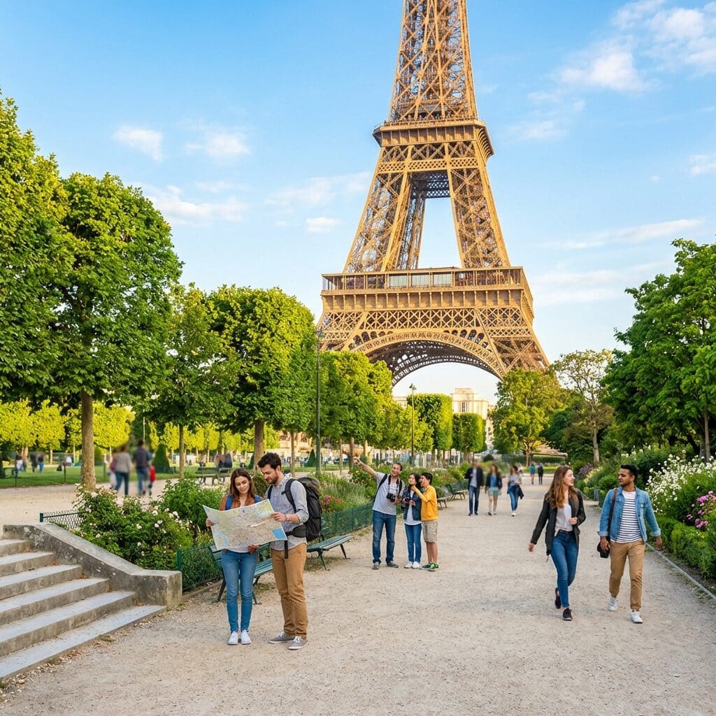 Tourists At The Eiffel Tower In Paris