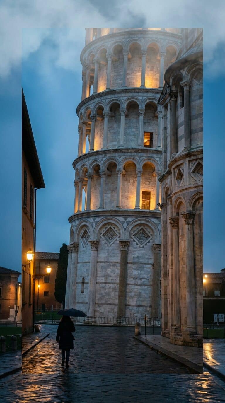 Leaning Tower of Pisa on a Rainy Evening