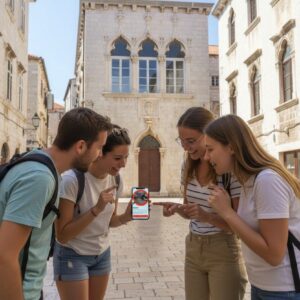 Four young friends happily play a city game on a smartphone in front of the Gothic Palace in Poreč.