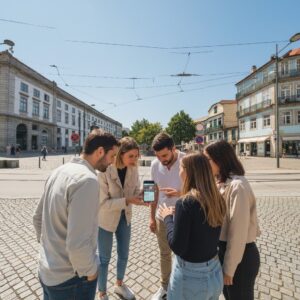 A group of five friends stands in a cobblestone square in Porto, looking together at a smartphone.