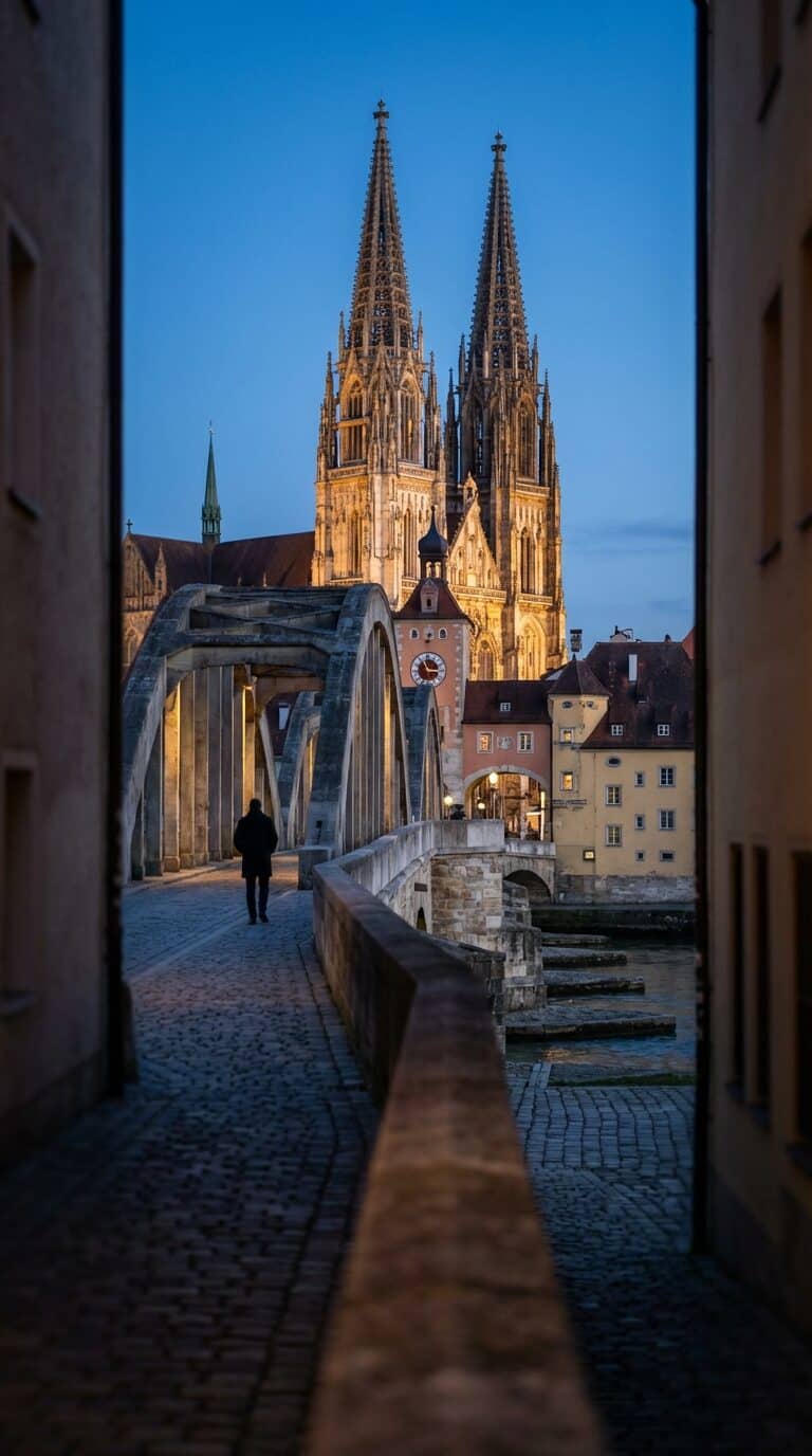Regensburg Cathedral and Stone Bridge at Dusk