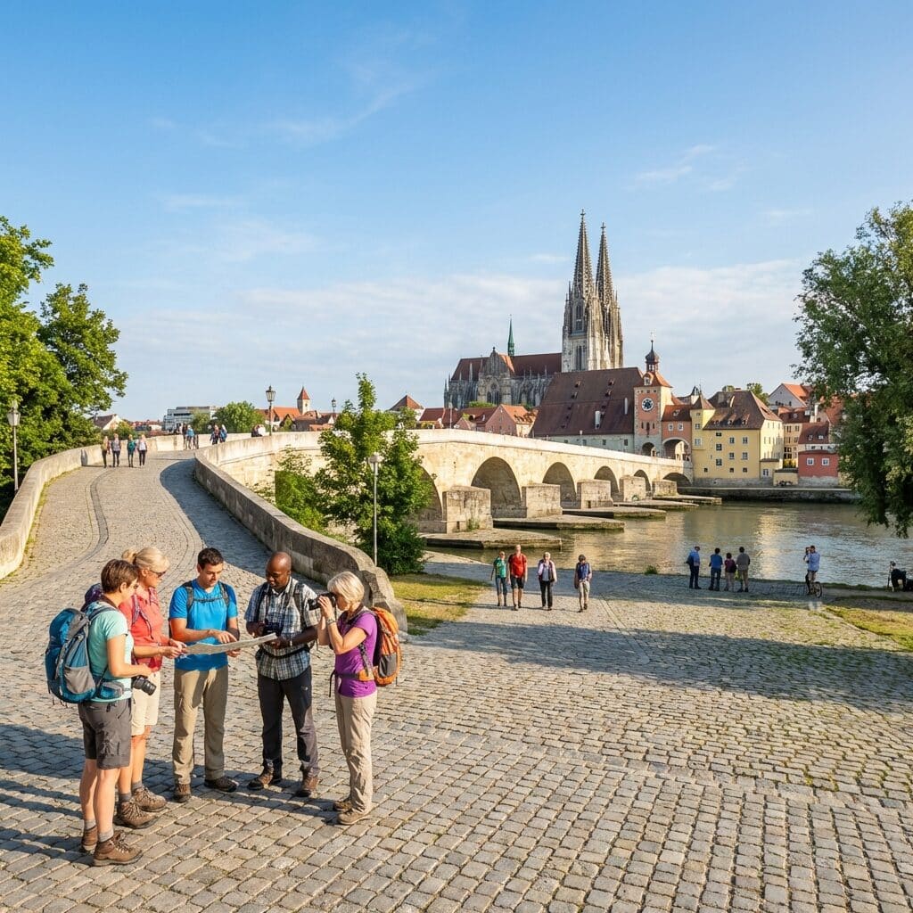 Tourists at the Stone Bridge in Regensburg