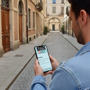 A man in a denim jacket plays a City Game on his phone on a historic cobblestone street in Nijmegen.