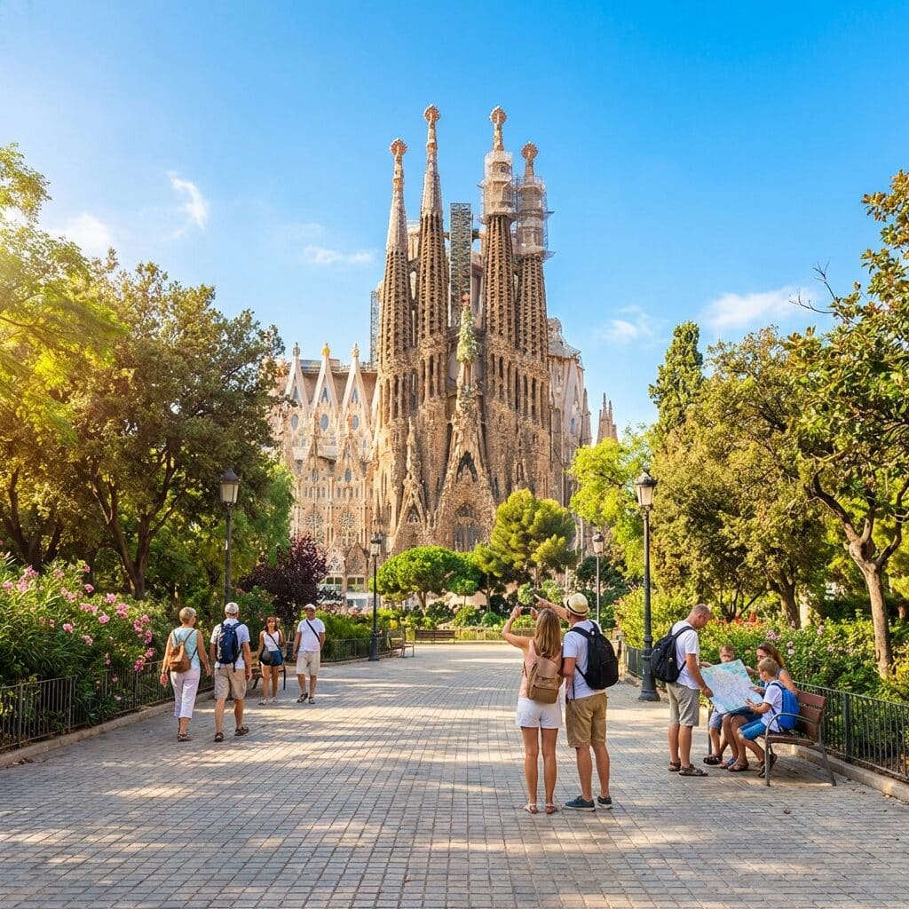 Tourists Viewing the Sagrada Família in Barcelona