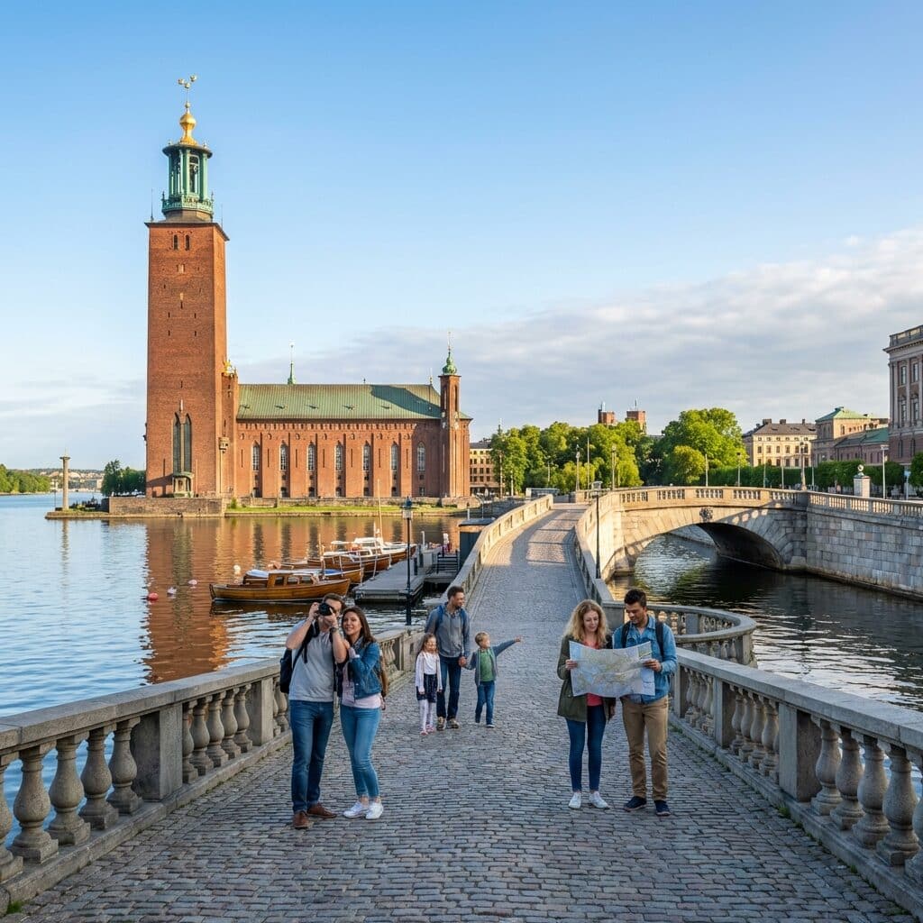 Tourists on a Bridge at Stockholm City Hall